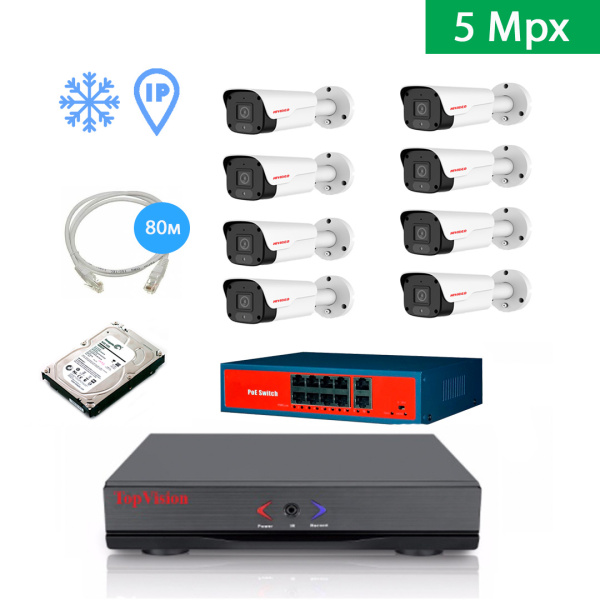 IP Комплект видеонаблюдения HIVIDEO на 8 уличных камер 5mpx IP Комплект видеонаблюдения HIVIDEO на 8 уличных камер 5mpx